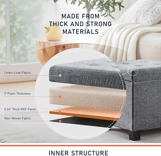 Ornavo Home 15 Inch Folding Storage Ottoman with Storage, Square Cube Linen Small Storage Ottoman Foot Rest Stool with Legs - Gray