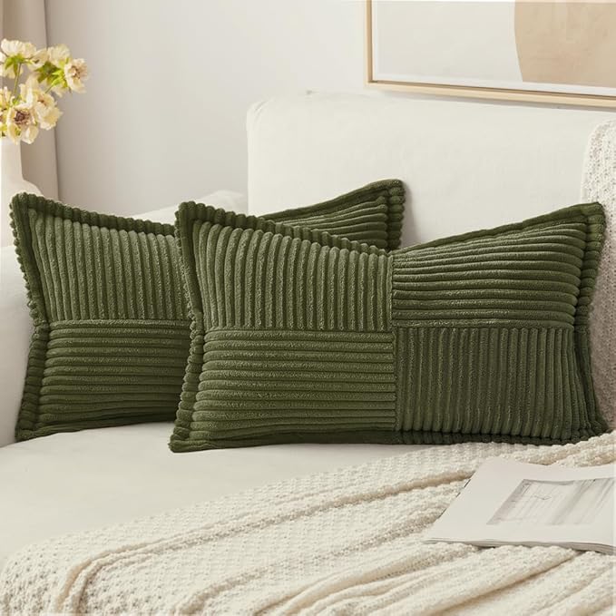 MIULEE Olive Green Corduroy Lumbar Pillow Covers 12x20 Inch 12x20 Inch with Splicing Set of 2 Soft Boho Pillow Covers Broadside Decorative Textured Summer Pillowcases for Couch Bed Livingroom