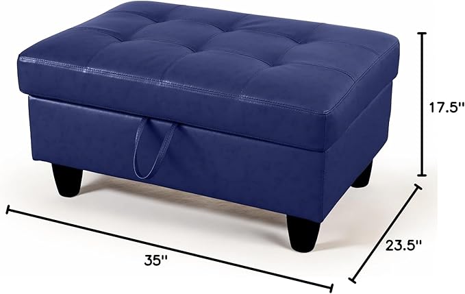Ottoman Rectangular Storage Ottoman Bench, Faux Leather Footrest, Coffee Table, Stool Footstool with Hinged Lid for Living Room, Bedroom, Entryway, Blue, 35"x23.5"x17.5"