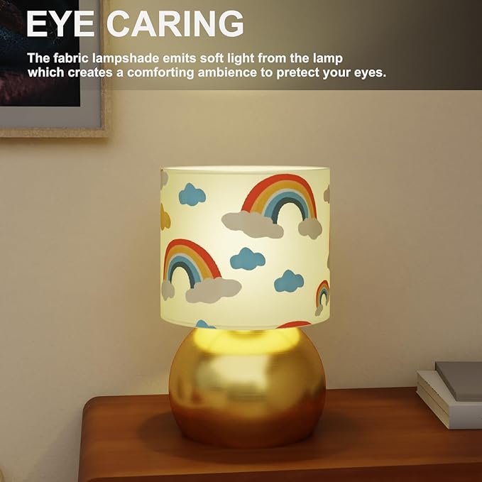 Set of 2 Gold Small Bedside Table Lamps with Rainbow Cloud Pattern Shades (Bulb Included)