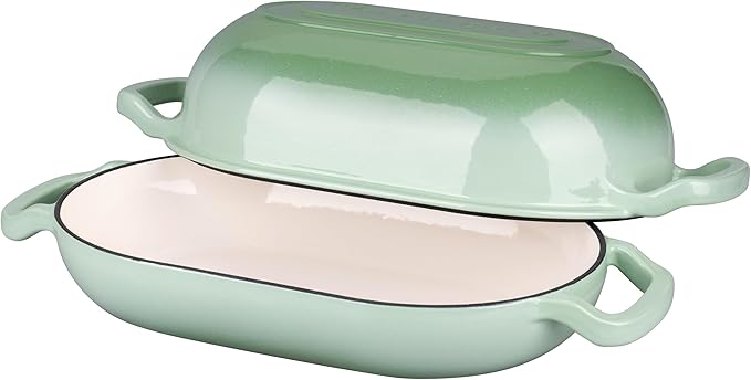 Enameled Cast Iron Sourdough Bread Oven, Dutch Oven, Loaf Cast Iron Bread Pan for Homemade Bread Baking, Meatloaf Pan with Lid, 5QT, Green
