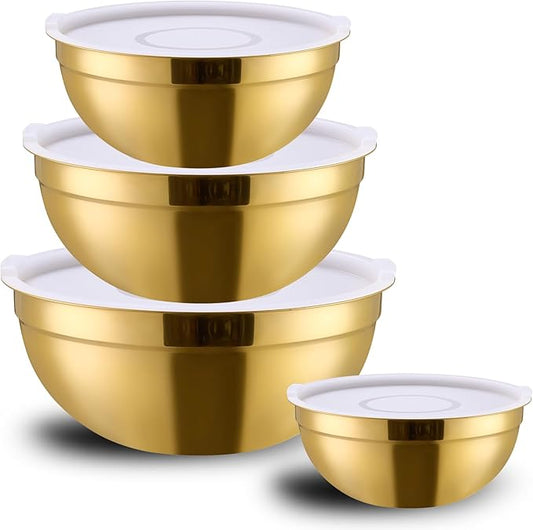 MEADLY Gold Mixing Salad Bowls With Lids Set of 4, Stainless Steel Nesting Bowl with white Lid,Dishwasher Safe,Home kitchen Mixing Prepping Storing Serving,size of 5.5,3.6,2.1,1.5,Qt