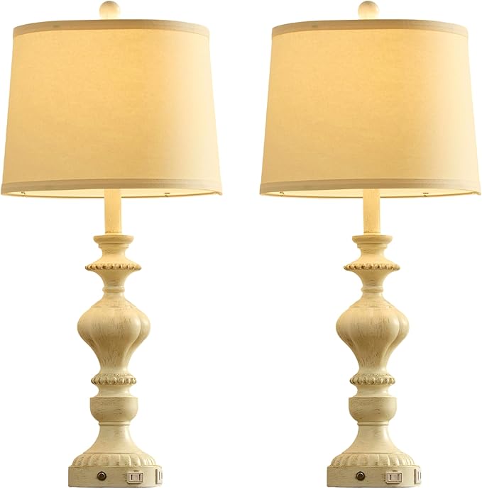 27.5" Farmhouse Table Lamps Set of 2 Bedside Nightstand Lamp with USB C+A Ports & AC Outlet, 3 Way Dimmable Touch Lamps for Bedroom Living Room Office Rustic Lamp (White Gold)