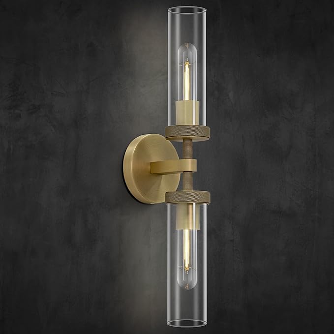 Gold Wall Sconce for Bathroom Hardwired, 20.5" Brass Wall Sconces, Linear Sconces Wall Lighting Double-Lights, Bathroom Lighting Fixtures over Mirror, Tube Bath Vanity Light for Living Room, Bedroom
