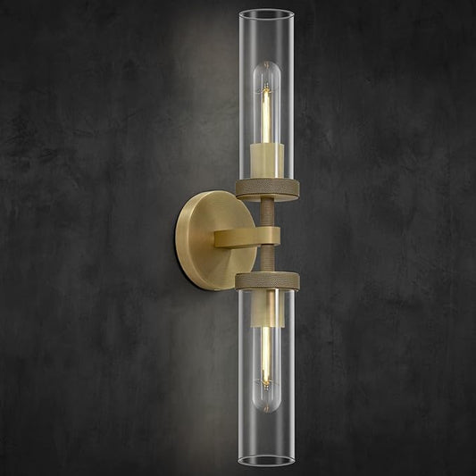 Gold Wall Sconce for Bathroom Hardwired, 20.5" Brass Wall Sconces, Linear Sconces Wall Lighting Double-Lights, Bathroom Lighting Fixtures over Mirror, Tube Bath Vanity Light for Living Room, Bedroom