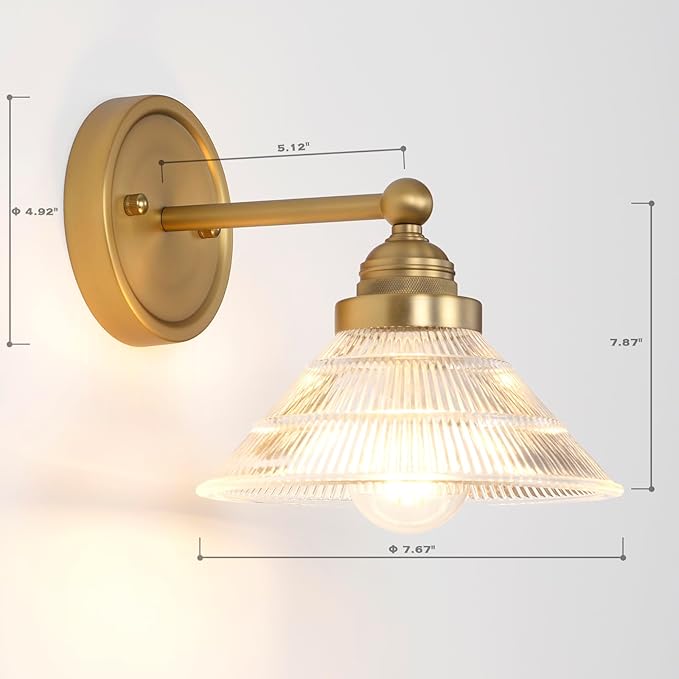 Vintage 1-Light Wall Sconce with Clear Ribbed Glass Shade, Industrial Hardwired Wall Light Fixture for Bedside Living Room Vanity Bathroom Hallway