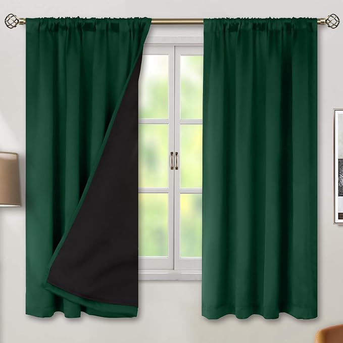 BGment 100% Thermal Insulated Blackout Curtains 63 Inches Long with Liner, Rod Pocket and Back Tab Double Layer Noise Reduce Room Darkening Curtains for Bedroom (42 x 63 Inch, 2 Panels, Emerald)