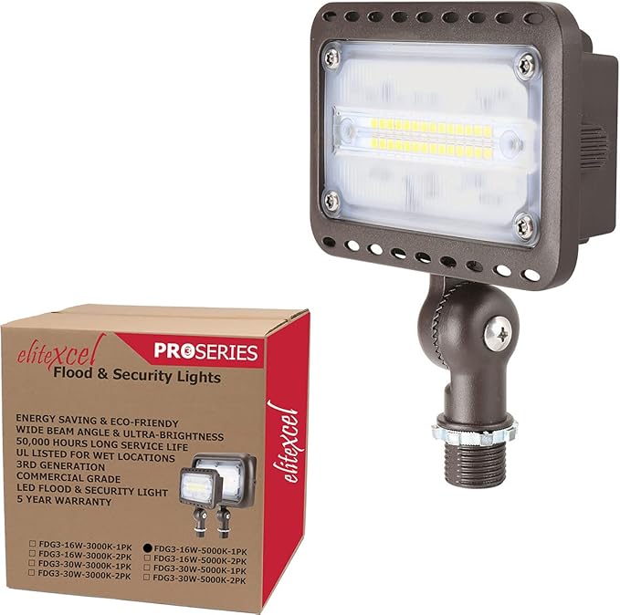 Backyard Lights Outdoor Security, 3rd Gen 16W UL Listed Landscape Lights, 1600Lumen LED Flood Light Outdoor Waterproof, 5000K Daylight White, 1/2" Knuckle Mount, 120V, 5 Year Warranty
