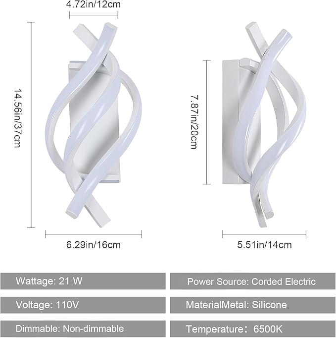 Modern LED Wall Sconce 21W Indoor Wall Sconces Light Cool White 6500K Spiral Design Wall Mounted LED Lamp for Bedroom Stairwells Living Room Hallway Office (White, 6500K)