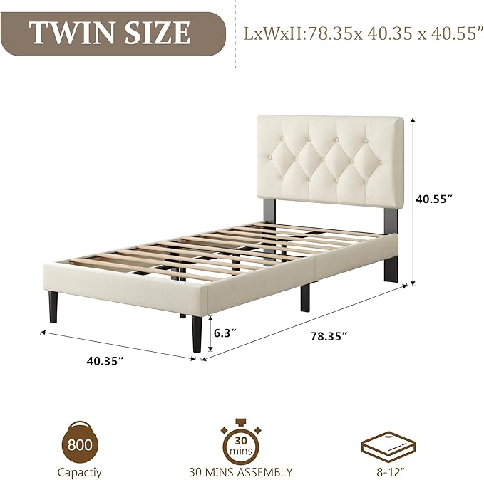 Twin Size Platform Bed Frame with Upholstered Headboard, Button Tufted Design, No Box Spring Needed, Easy Assembly, Noise Free