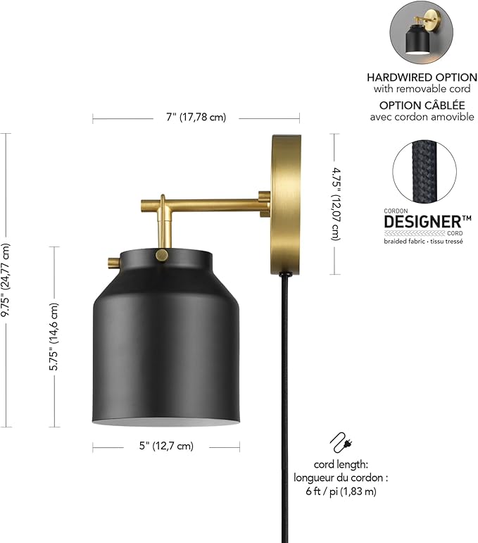 GLOBE Electric 65000102 1-Light Plug-in or Hardwire Wall Sconce, Matte Black, Matte Brass Accents, 6ft Black Braided Fabric Cord, in-Line Rocker Switch, Wall Lights for Living Room