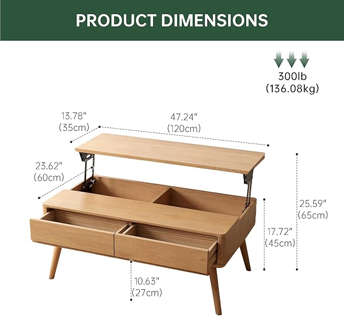 Lift Top Coffee Table, 100% Solid Oak Wood Log Color Coffee Table with Drawers and Hidden Compartments, Rectangular Coffee Tables with Storage for Living Room Home Decor (49.27" L)