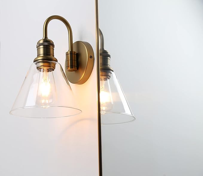 Yosoan 1-Light Brass Modern Vintage Indoor Wall Sconce, Vanity Single Luxury Hardwired Retro Textured Clear Funnel Flared Glass Shade with Industrial Gooseneck Curved Rod Bathroom Lamp(Antique)