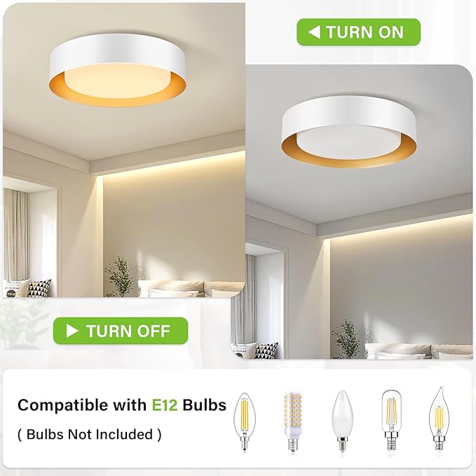 Modern White and Gold Flush Mount Ceiling Lights, 16.5" Minimalist Glass Round Ceiling Lighting, Drum Close to Ceiling Light Fixtures for Living Room, Bedroom, Dining Room, Kitchen, Hallways