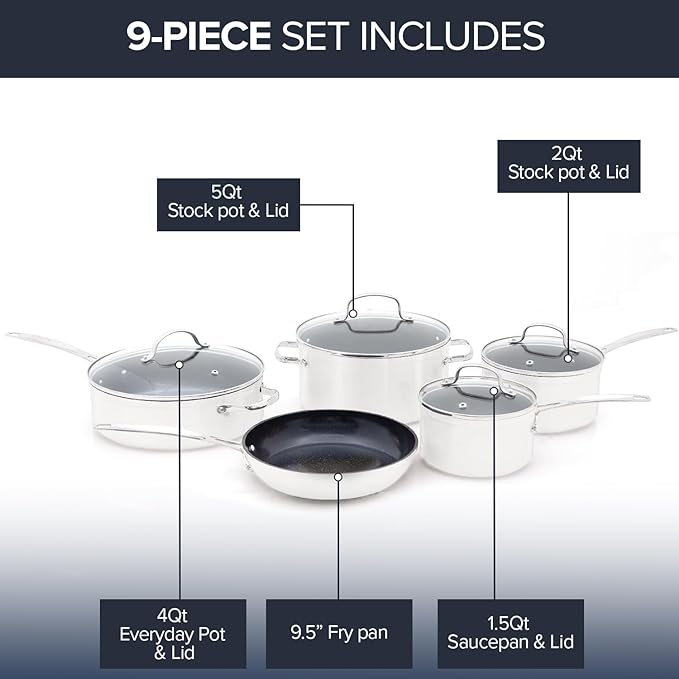 Nuwave Healthy Duralon Blue Ceramic Nonstick Coated 9pc Cookware Set, Scratch-Resistant Diamond Infused, PFAS Free, Induction Ready & Evenly Heats, Oven Safe, Tempered Glass Lids