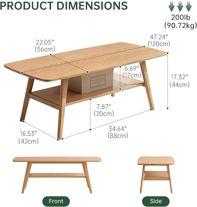 100% Solid Oak Wood Coffee Table for Living Room, 2-Tier Coffee Tables with Shelf Storage, Mid Century Modern Table with Rounded Corners (Natural Colour, 47.24" W x22.05 D x 17.32" H)