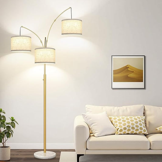 Dimmable Floor Lamp - 3 Lights Gold Floor Lamps for Living Room Linen White Shades & Marble Base, Mid Century Tree Floor Lamp for Bedroom Office, 3 LED Bulbs Included