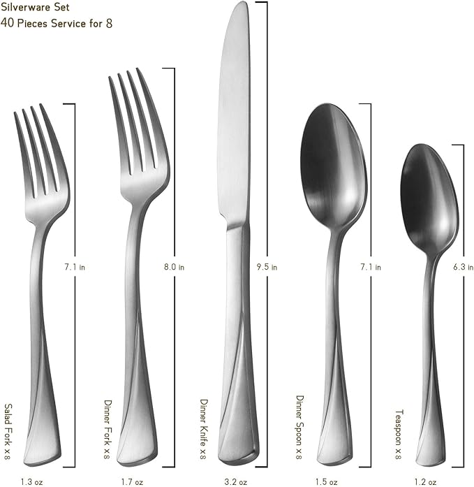 Alata Alice 40-Piece Silverware Set Stainless Steel Flatware Set,Service for 8,Matte Satin Polished Cutlery Set,Dishwasher Safe