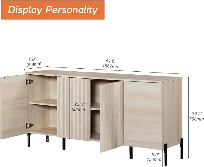 WAMPAT 61.6" TV Stand Cabinets for TVs up to 75 Inches, Entertainment Center with Storage Cabinets and 4 Doors, Mid Century Modern Media TV Console Table for Living Room Bedroom,Beige