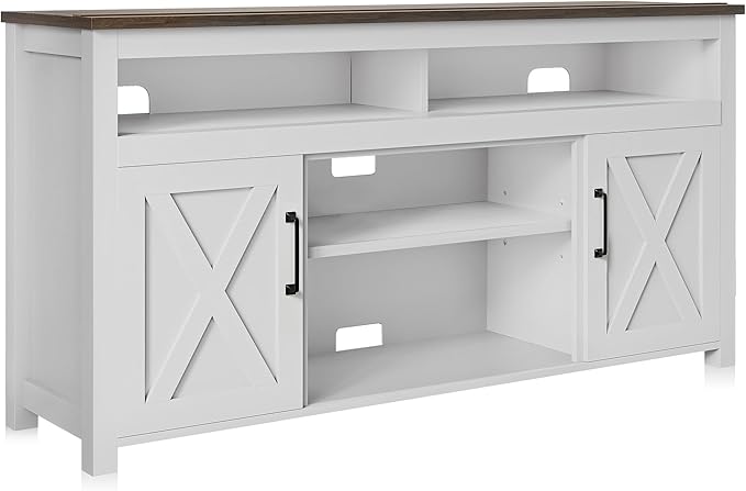 BELLEZE 58 Inch TV Stand, Contemporary Entertainment Center for TVs up to 65", Wood Media Console Table with Two Open Shelves and Barn Door Cabinets - Corin (White)
