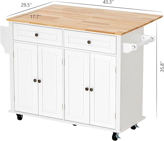 Kitchen Cart with Wood Top and Drop Leaf Breakfast Bar, Rolling Mobile Kitchen Island Table on Wheels with Drawer and Storage Cabinet, Spice Rack, Towel Rack, White