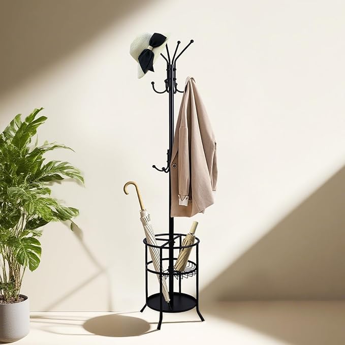 Metal Freestanding Coat Rack Stand with Umbrella Holder, 12 Hooks Coat Tree Black Modern Coat Hanger Stand for Coats, Hats, Scarves and Handbags for Entryway, Hallway, Bedroom, Office