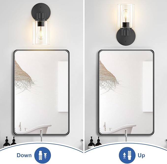 GORDNWE 1-Light Bathroom Wall Sconce, Matte Black Vanity Light, Modern Wall Light Fixture with Clear Glass Shade and E26 Bulb Base, Wall Lamp Wall Mount Light Fixtures for Mirror, Bedroom, Hallway