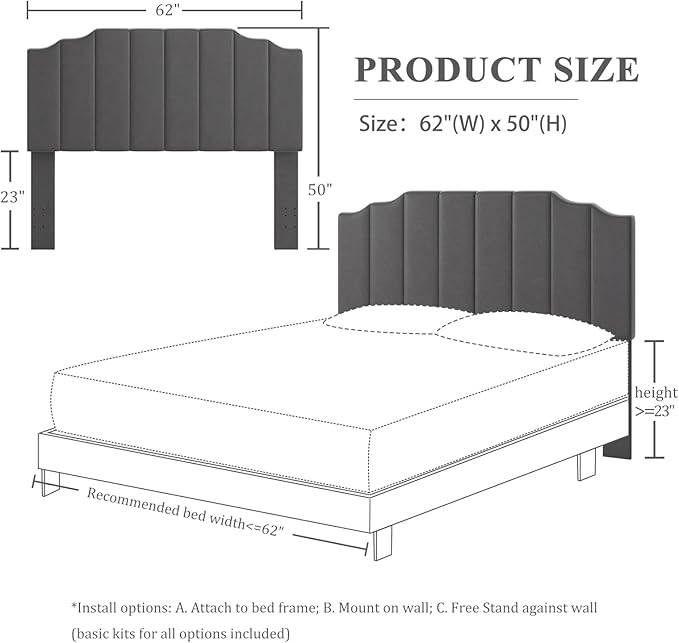 Queen Size Headboard Only, Velvet Wall Mounted Headboard Queen/Full Size for Adjustable Bed, Modern Vertical Channel Design with Curved Tufted Upholstered Head Board,Dark Gray