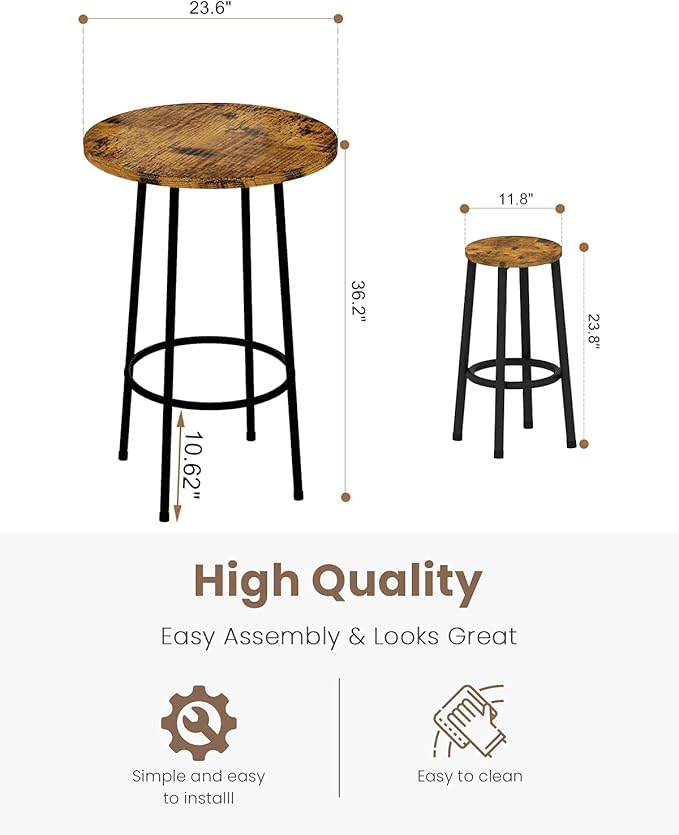 Recaceik 3 Piece Pub Dining Set, Modern Round bar Table and Stools for 2 Kitchen Counter Height Wood Top Bistro Easy Assemble for Breakfast Nook Living Room Small Space Restaurant, Rustic Brown 23