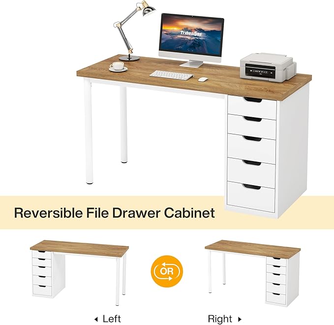 Tribesigns Computer Desk with 5 Drawers, 47 inches Rustic Brown Home Office Desk with Storage, Modern Simple Laptop Desk Study Writing Table for Small Spaces (1, Walnut+White)