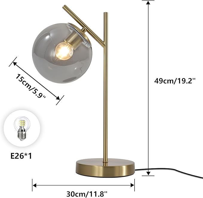 Mid Century Desk Lamp Glass Globe Table Lamp with Gray Glass lampshade Gold Modern Bedside Lamps for Bedroom Living Room Study Room