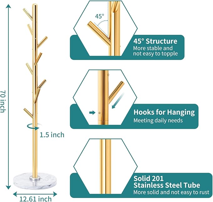 Coat Rack with Natural Marble Base, Solid Stainless Steel Coat Racks Freestanding, Coat Rack Stand with 8 Hooks, Coat Tree Hats Hanger for Entryway, Hallway (Golden)