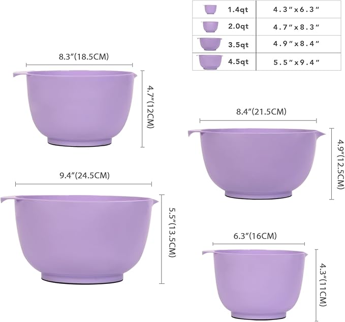BoxedHome Nesting Plastic Mixing Bowl Set, 4 Piece Mixing Bowl Set with Pour Spouts, Size 1.7, 2.5, 3.5 and 4.5qt, for Prepping, Mixing, Baking, Cooking(2023 New Version, Purple)