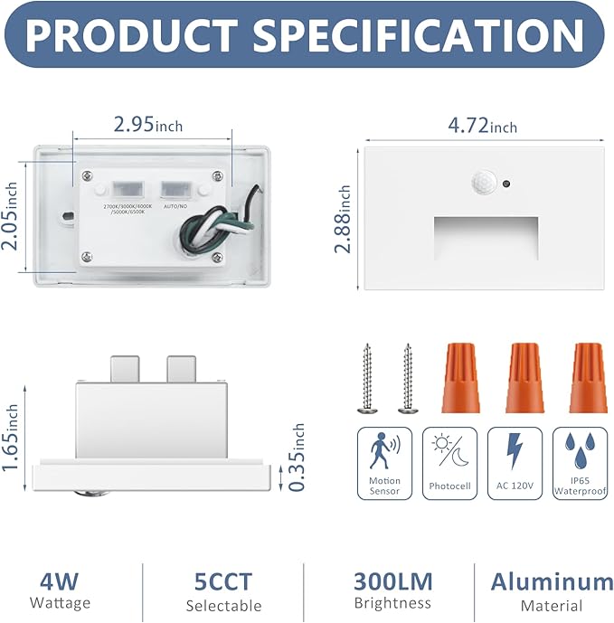 4 Pack Motion Sensor Stair Lights Indoor Outdoor, 120V Hardwired Motion Activated Step Lights, 4W 300LM Dimmable Staircase Light, 5CCT Stairway Light, 2700K/3000K/4000K/5000K/6500K, ETL, White