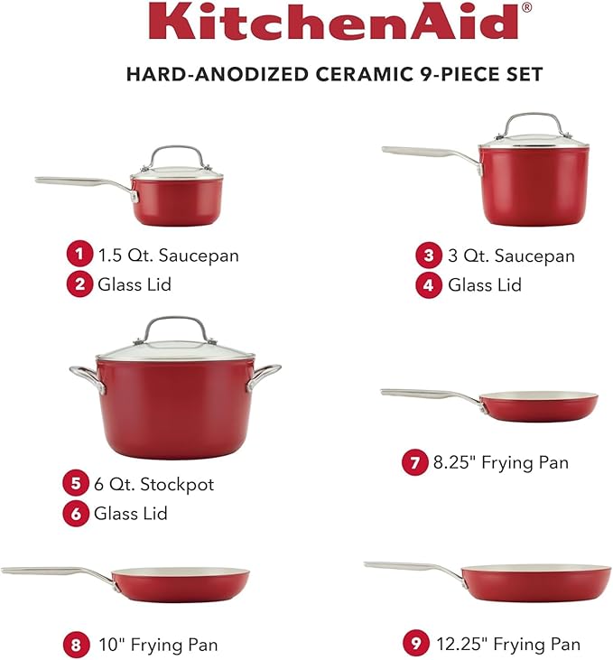 KitchenAid Hard Anodized Ceramic 9-Piece Nonstick Cookware Set – Includes Fry Pans, Saucepan, Stockpot, Durable, Even Heating, Oven Safe to 500°F, Empire Red