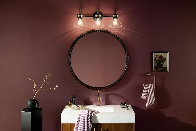 Kichler Farum 26" 3-Light Vanity Light with Clear Glass in Black, for Single or Double Vanity, Over a Mirror, Powder Room, Bathroom (26" W x 9.5" H) 55155BKCLR