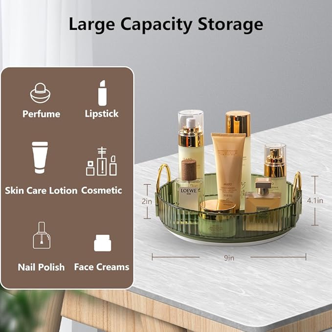 Rotating Makeup Organizer for Vanity, Spinning Cosmetics Storage for Bathroom Countertop, Skincare Holder Rack for Facial Cream, Perfume, Lotion, Lipstick(1 Tier, Dark Green)
