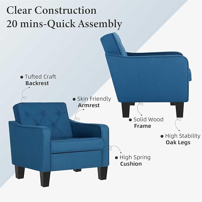 STHOUYN Living Room Chairs Accent Chairs Set of 2, Waiting Room Arm Chairs, Reading Chairs for Bedroom Comfy Club Chair Tufted, Office Small Space (2, Blue)