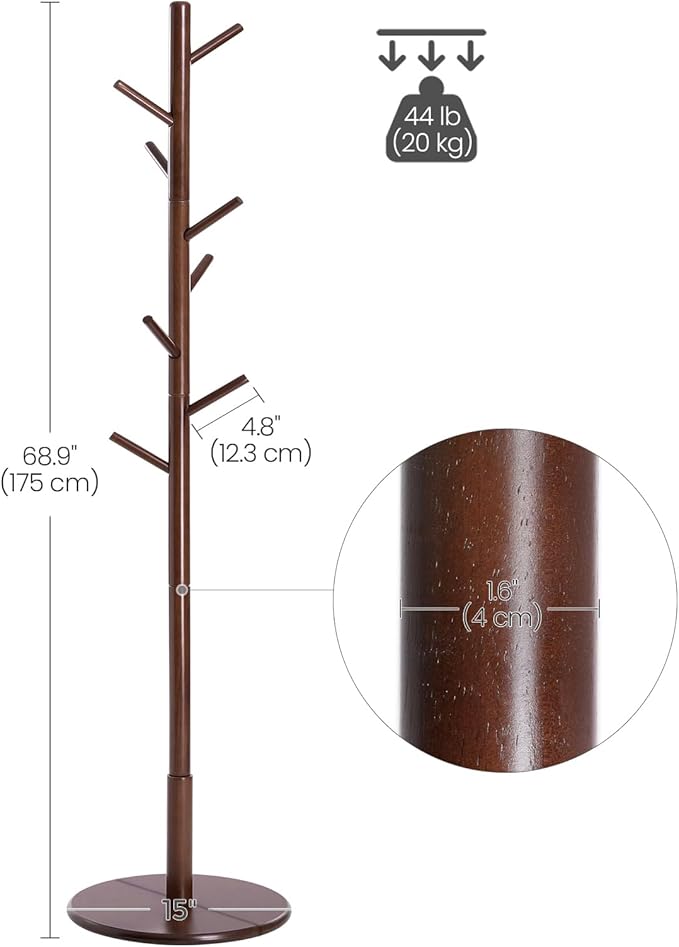 VASAGLE Solid Wood Coat Rack, Free Standing Hall Coat Tree with 8 Hooks, 3 Height Options, for Coats, Hats, Bags, Purses, for Entryway, Hallway, Rubberwood Hooks and Pole, Dark Walnut URCR009W01