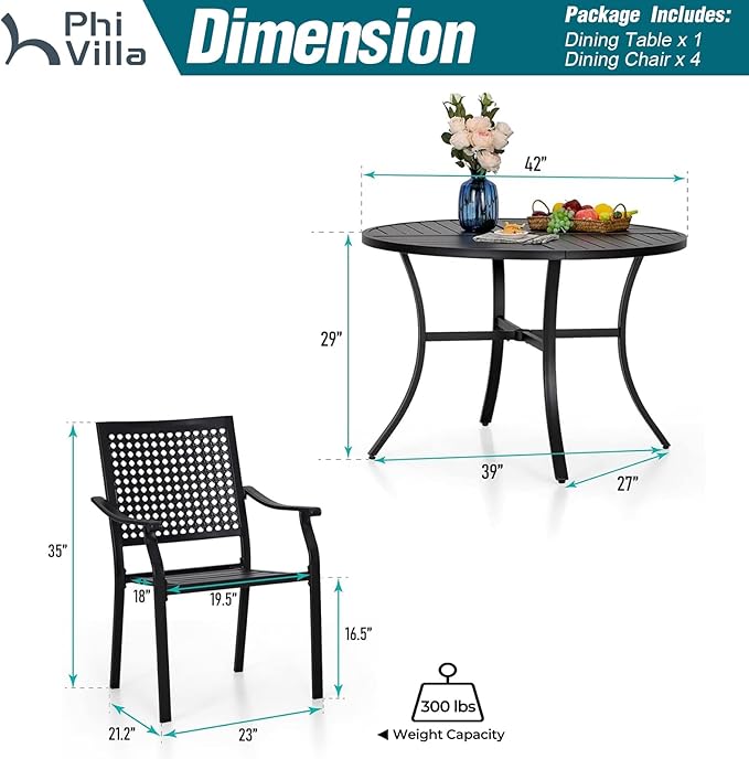 PHI VILLA 5 Pieces Outdoor Round Dining Set for 4, Steel Circle Table with Umbrella Hole & Stacking Wrought Iron Chairs, Morden Dining Furniture Set for Patio, Deck, Yard, Porch