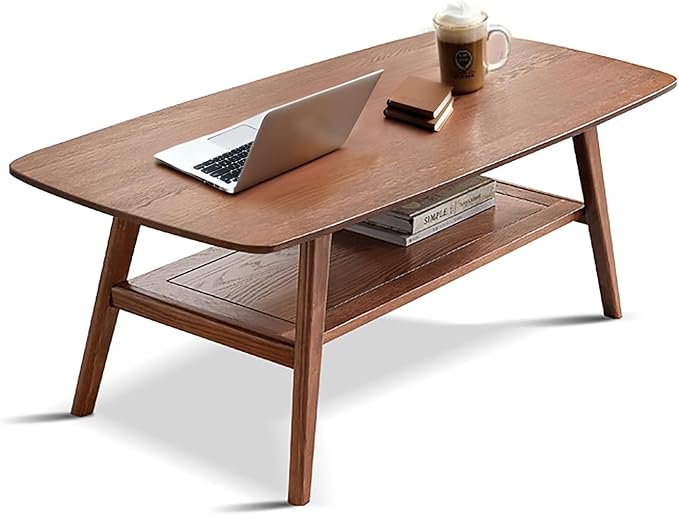 100% Solid Oak Coffee Table with Storage Shelf, 2-Tier Wooden Center Table for Living Room, Farmhouse Rustic Rectangle Table, Easy Assembly, 47 Inch