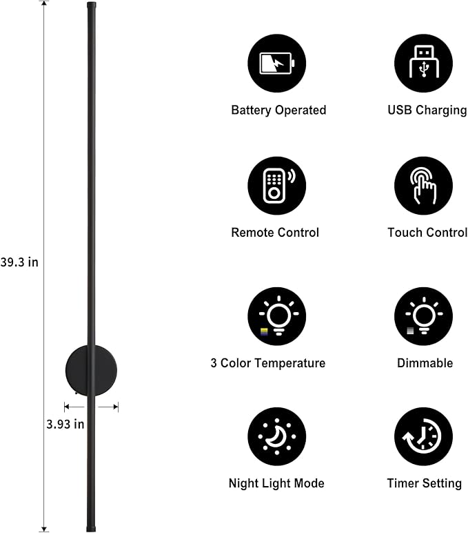 Battery Operated Modern Wall Sconces, Dimmable Wireless Wall Light Set of Two with Remote Control, 3 Color Temperatures, Rechargeable LED Wall Sconce for Bedroom, Living Room, Hallway, 39.3 Inch Black