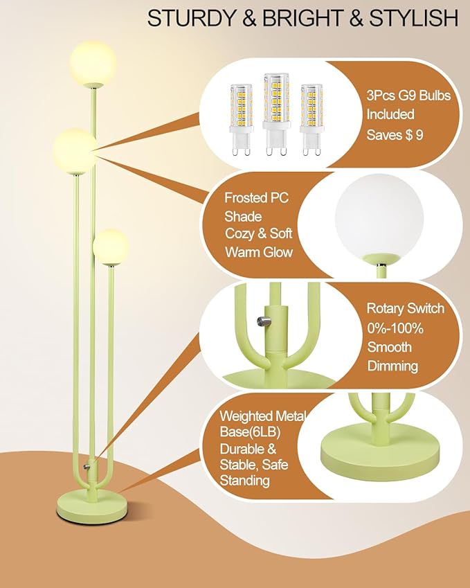 Lightdot 63IN Floor Lamp with 3 Green U-Pole, Modern Floor Lamp with 3000K Soft Warm White LED Bulbs Included, Candle Holder Style Modern Tall Lamp for Living Room/Wedding/Party