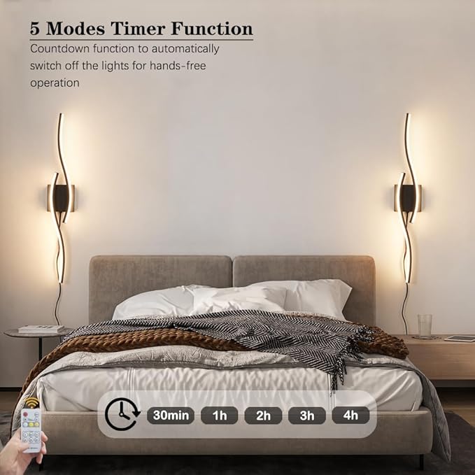 Plug in Wall Sconces Set of 2, Modern Plug in Sconce with Remote, Dimmable LED Wall Light, Wall Lamps with Plug in Cord for TV Wall Sconces, Black Sconce Lighting for Living Room, Hallway, Bedroom