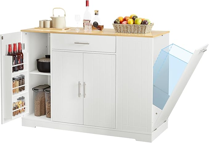53" Long Kitchen Island with Trash Can Storage, White Kitchen Cart with Garbage Bin 10 Gallon, Portable Island with Trash Can, Wood Top, Spice Rack and Drawers