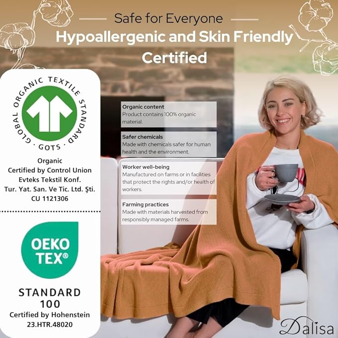 Dalisa 100% Organic Turkish Cotton Throw Blanket - GOTS Certified, Cozy - Perfect for Couch, Bed, and Home Decor - Boho Vintage Knit Alina (Saffron Gold, 60x80)