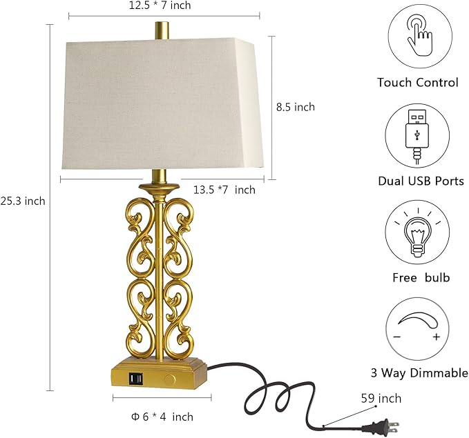 25" Modern Touch Resin Table Lamps Set of 2 for Living Room Bedroom, 3-Way Dimmable with Dual USB Ports, Vintage Nightstand Lamp for Home Office Hotel, 2 Bulbs Included (Gold)