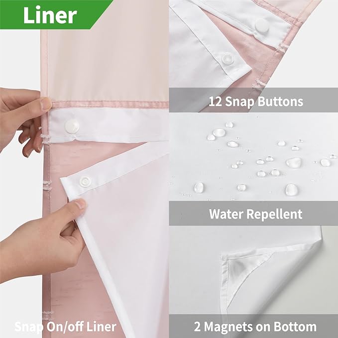 Extra Long Blush Pink No Hook Shower Curtain with Snap-in Liner,Boho White Woven Fabric Tufted Chevron Striped Design,Modern Chic Minimalist Bathroom Curtain,71x86