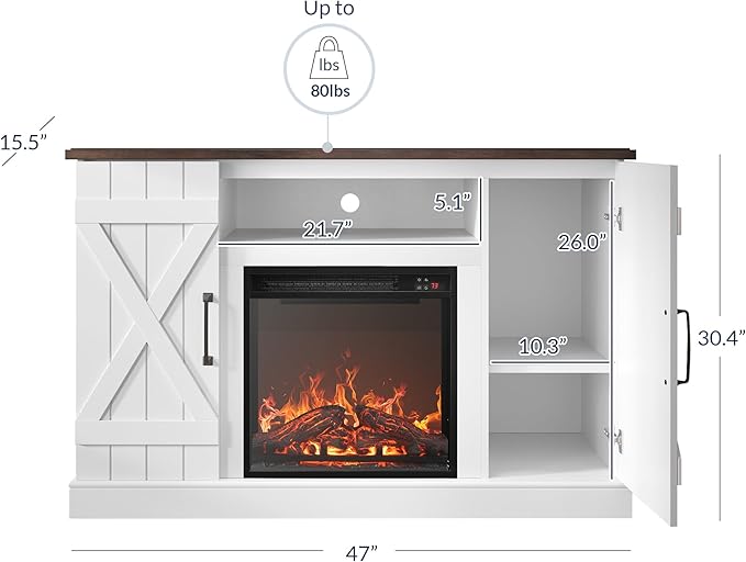 BELLEZE 47" TV Stand with 18" Electric Fireplace Heater & Media Entertainment Center Console Table for TV up to 50" with Open Storage Shelves & Cabinets - Veropeso (White)