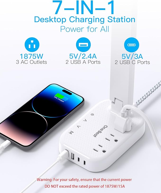 One Beat LED Small Desk Lamp Power Strip 5ft Extension Cord, 3 Outlets, 4 USB Ports(2 USB C), 4 Modes, 5 Level Touch- Home, Office, Bedroom, Bedside, Study Reading Light, Dorm Room Essentials, White